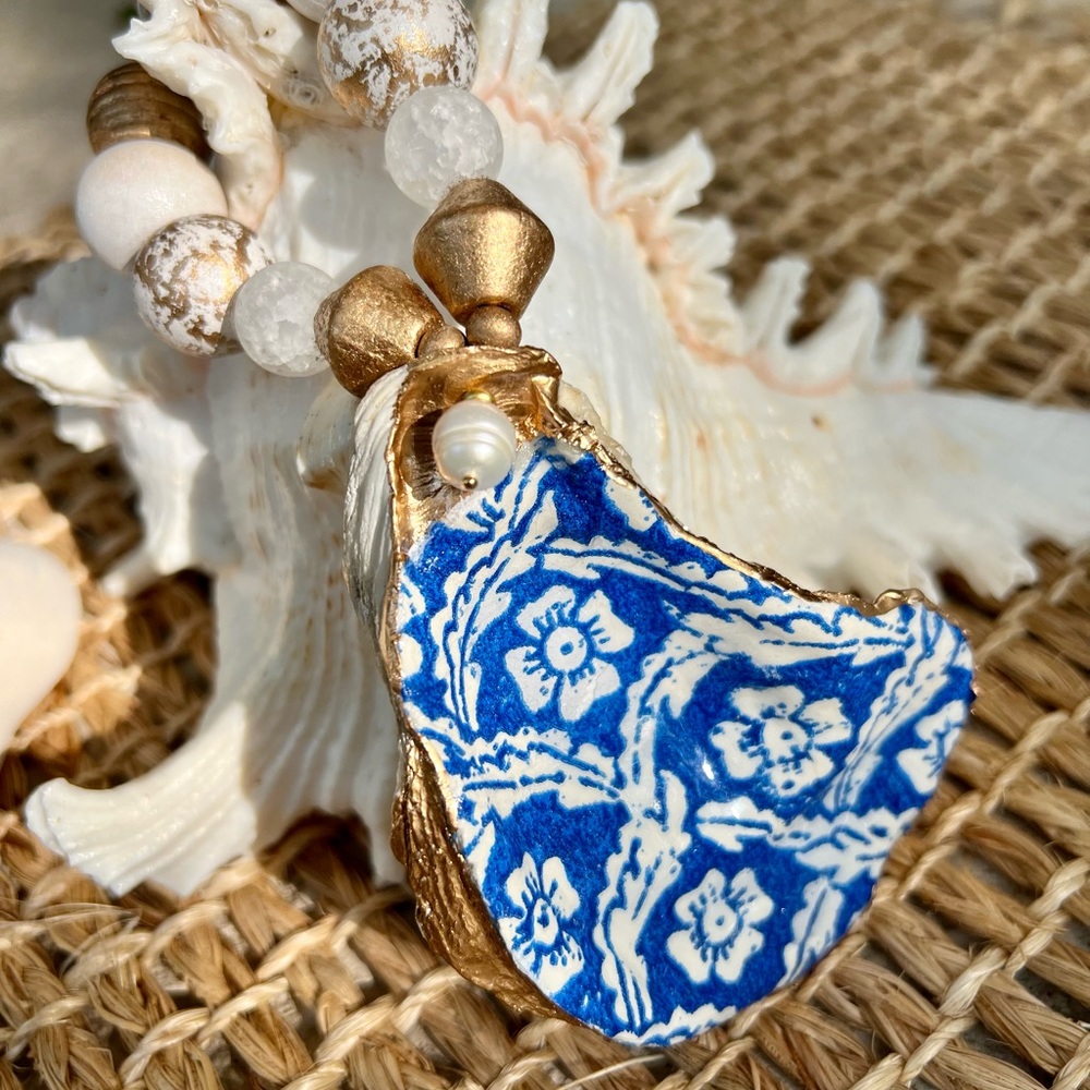 🐚 Gorgeous COSTAL handcrafted blue oyster shell-GOLD accents-freshwater PEARL!
